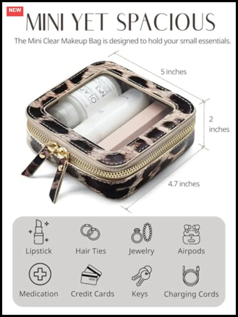 Clear Makeup Bag Faux Leather Leopard Print for Purse Travel Mini Cosmetic Pouch